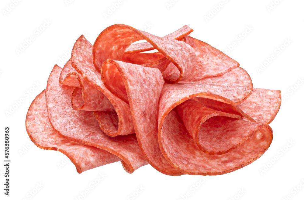 Sliced salami sausage isolated on white background