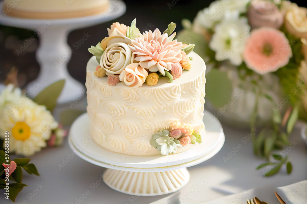 Wedding Flower Cake - Classic and Beautiful Wedding Cake - Decorated with White Roses and Delicate F