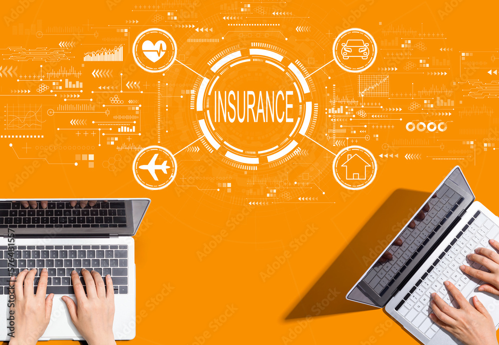 Insurance concept with people working together with laptop computers