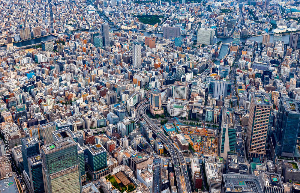 Aerial view of skyscrapers and expressways in Chuo City, Tokyo, Japan