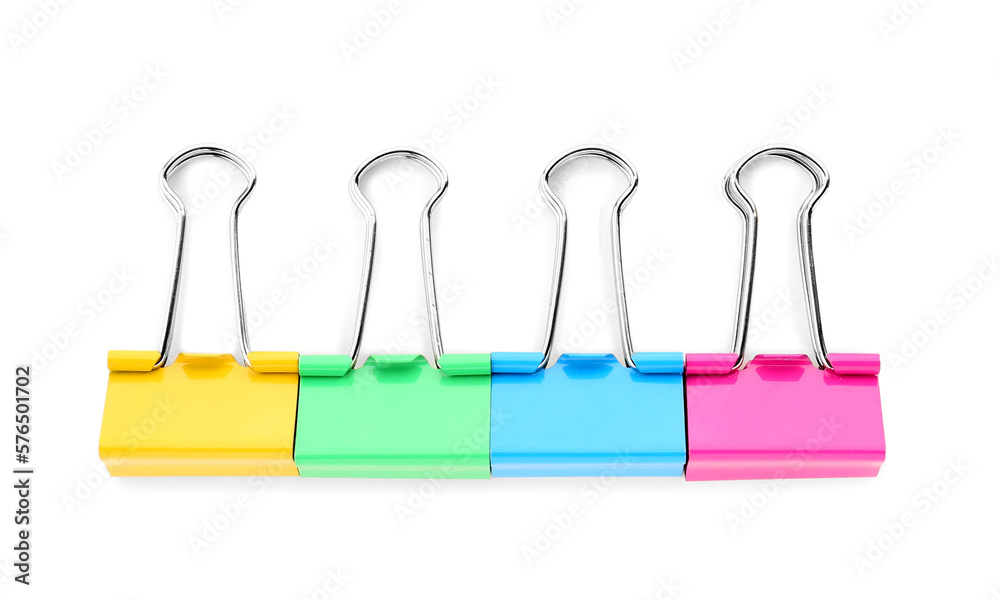 Colorful binder clips on white background