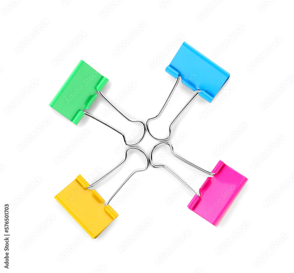 Colorful binder clips on white background