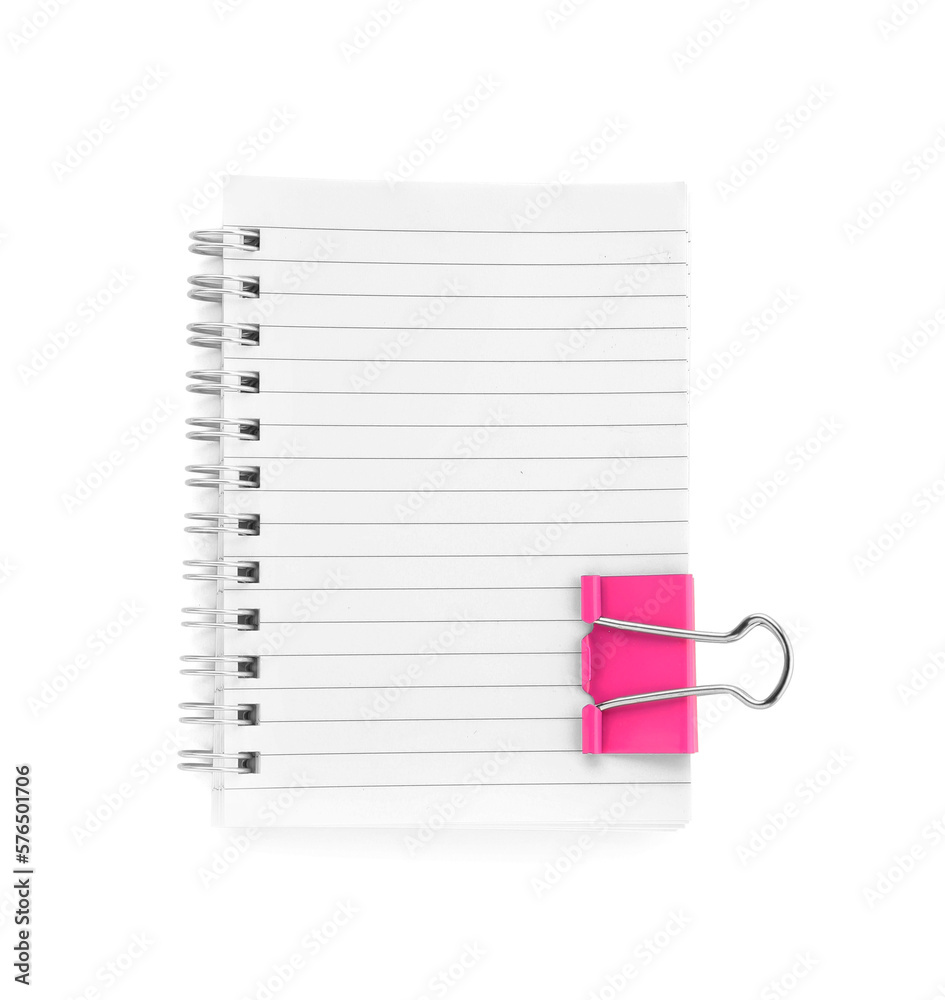 Notebook with binder clip on white background