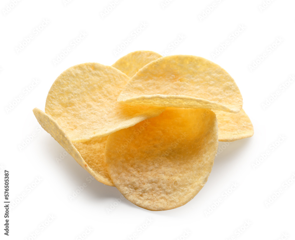 Delicious potato chips isolated on white background