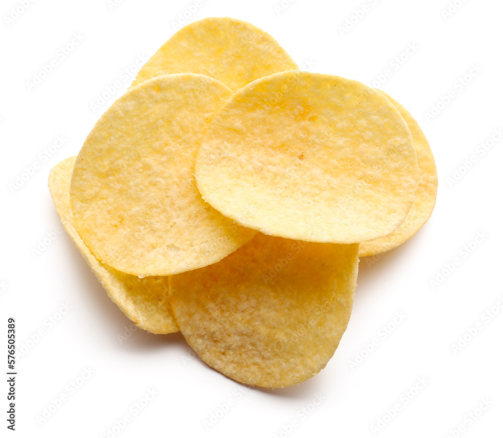 Delicious potato chips isolated on white background