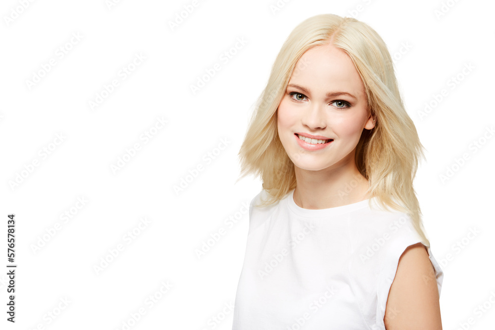 A female model from Australia with a smiling face and blonde hair smiling with a positive, confident