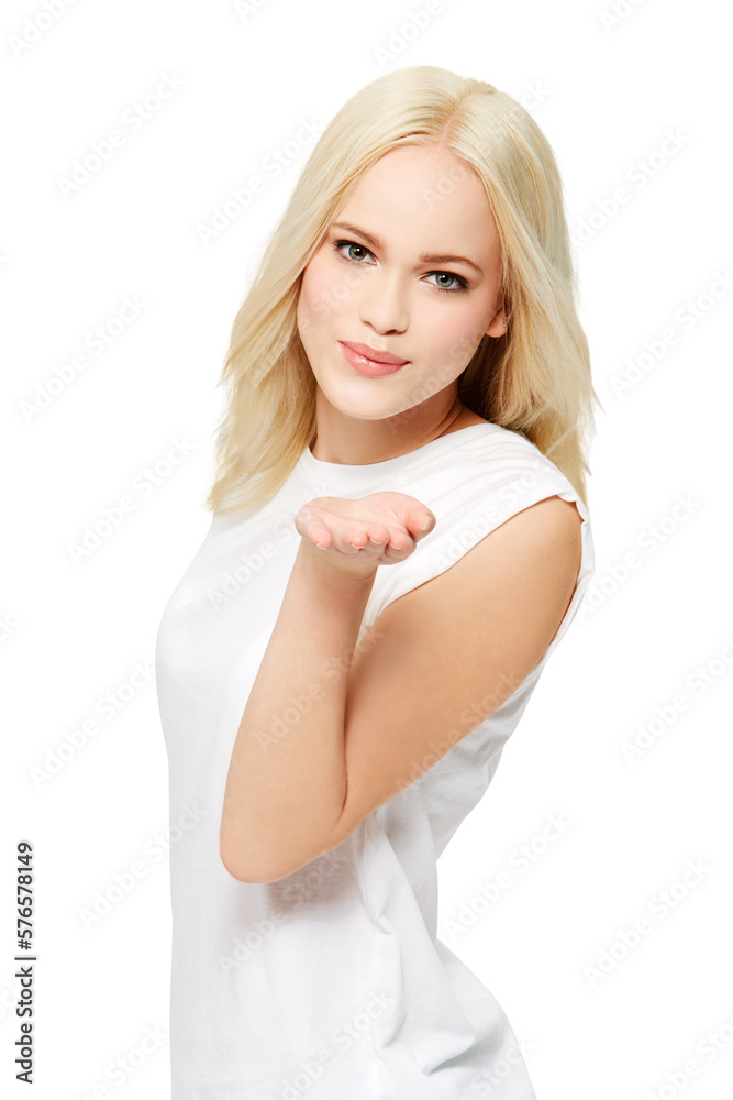 An attractive young beautiful blonde female woman blowing a kiss with love or flirting gesture at a 