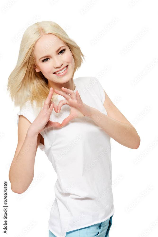 A happy woman fashion model making a loving heart sign hand gesture or heart hands with smile, kindn