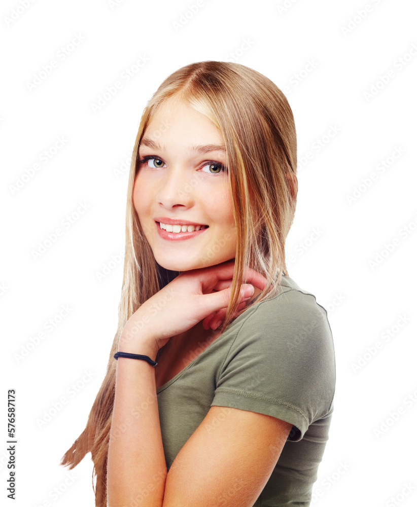 A happy beautiful young teenage girl smiling with a happy confident face.A blonde female model or gi