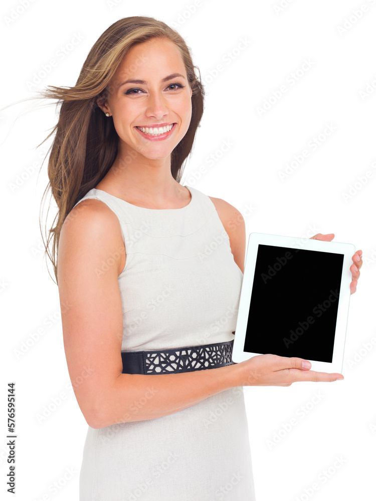 A young beautiful female model holding a blank touchscreen tablet for product placement or advertisi