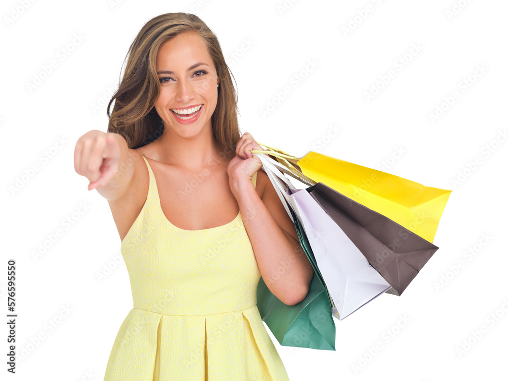 A happy female customer with shopping bags buying gifts at the mall from sales deals pointing at cop