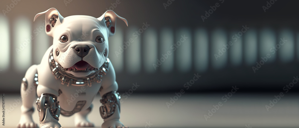 Cute robotic puppy isolated on large empty background. White happy little dog robot. Futuristic pet 