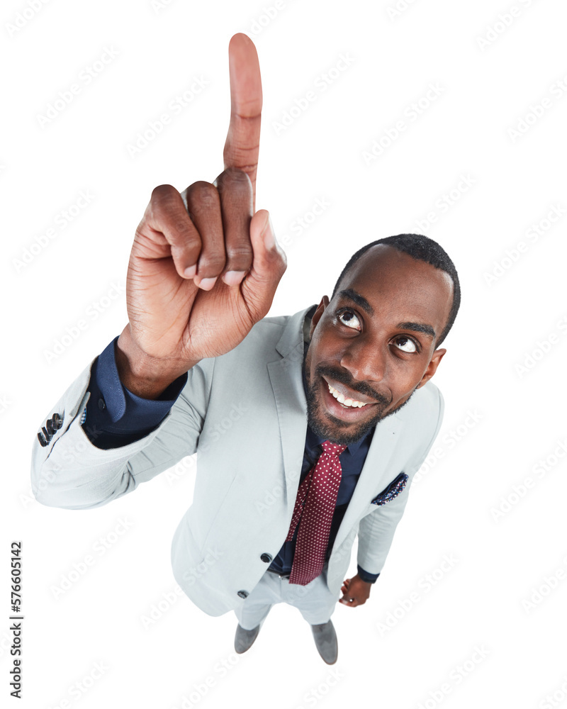 A confident handsome black business manager pointing upwards to the copy space as a recommendation o