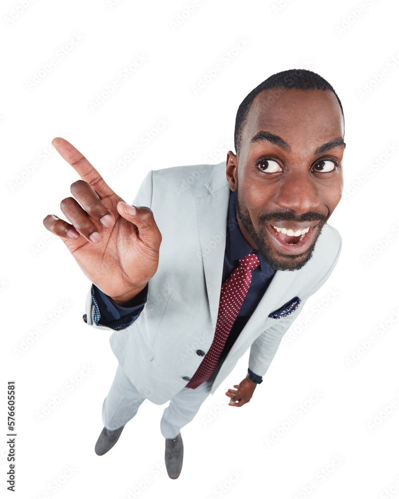 A curious excited young businessman or corporate worker pointing finger at a copyspace with a funny 