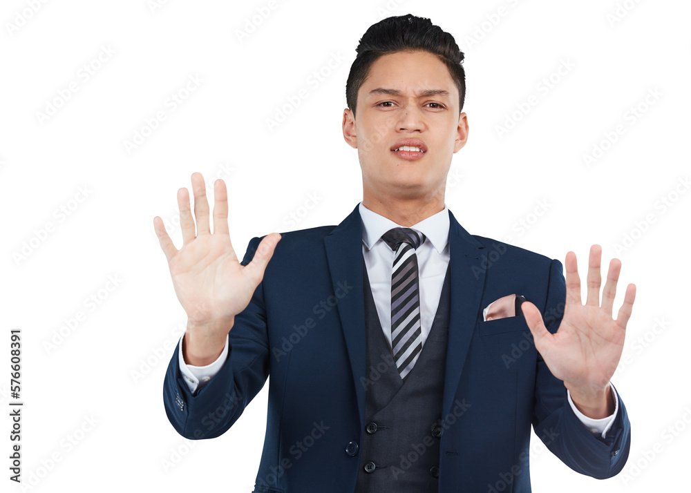 A businessman or cooperating employee with an angry face warning the forbidden hand gesture and safe