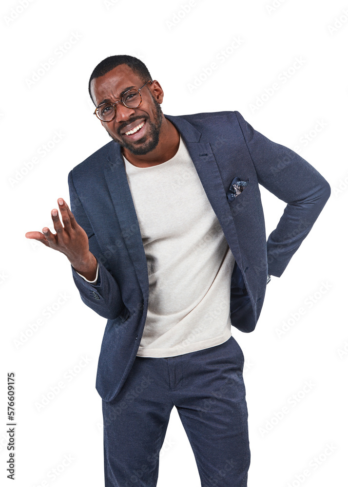 A confused black entrepreneur or corporate professional in a formal suit standing confused and gestu