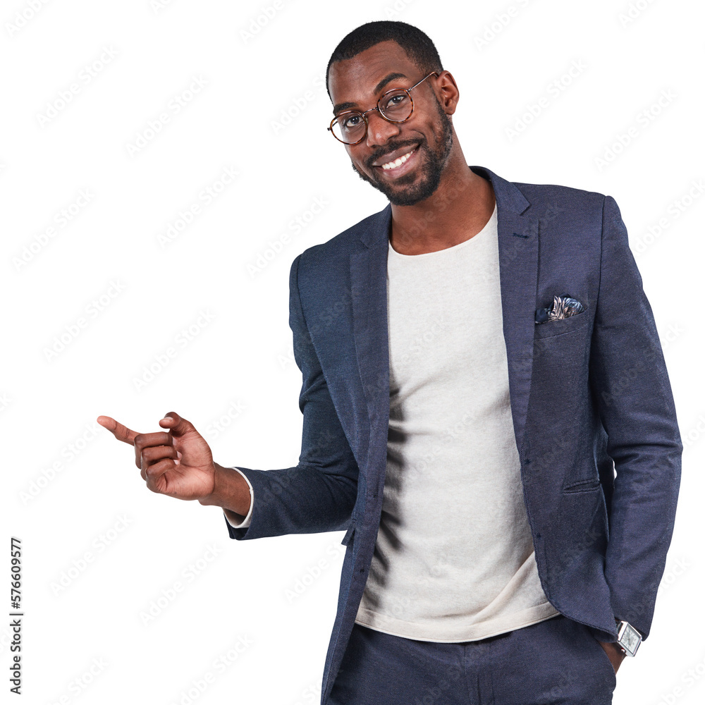 A joyful young Afro-American male model or ambassador in a trendy suit and pointing at a copy space 