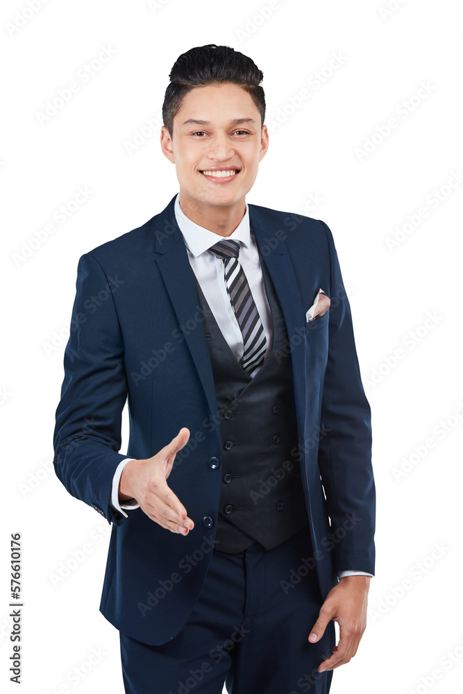 A cheerful Asian male model or entrepreneur forwards his hands for a handshake for a deal and thanks