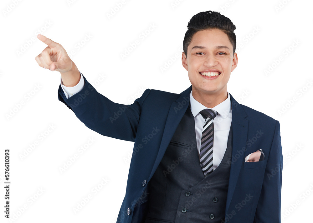 A happy stock investor or a real estate broker showing or pointing at a share or a property image fo