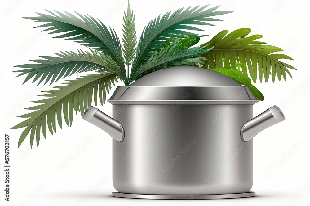 Palm Tree in Stainless Steel Pot, Isolated on White Background. Generative AI