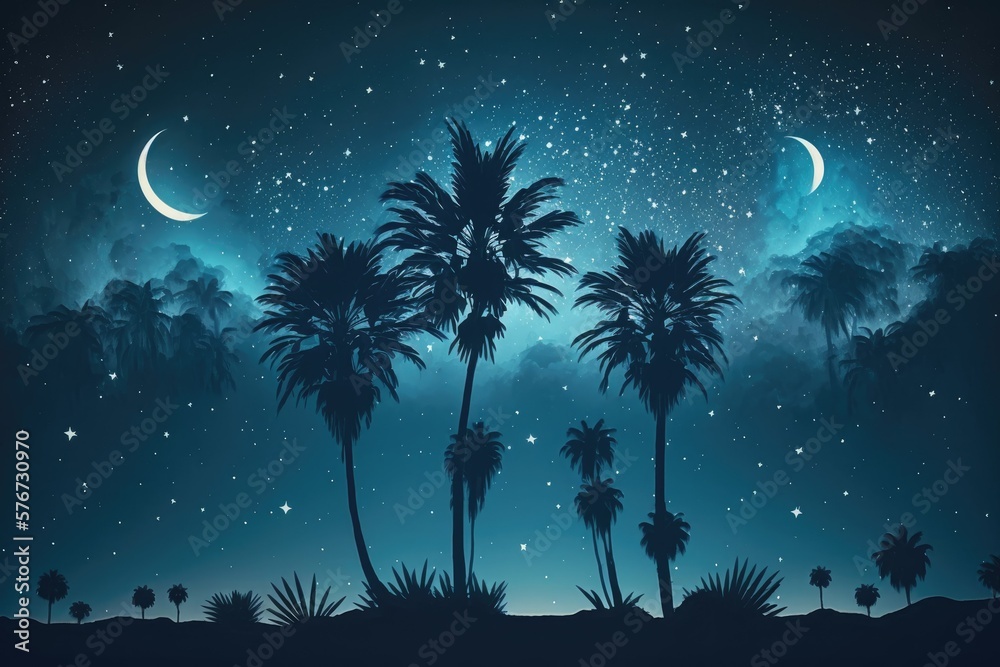 Palm trees silhouetted against a starry sky at night. Vintage photo effect with a matte finish. Gene