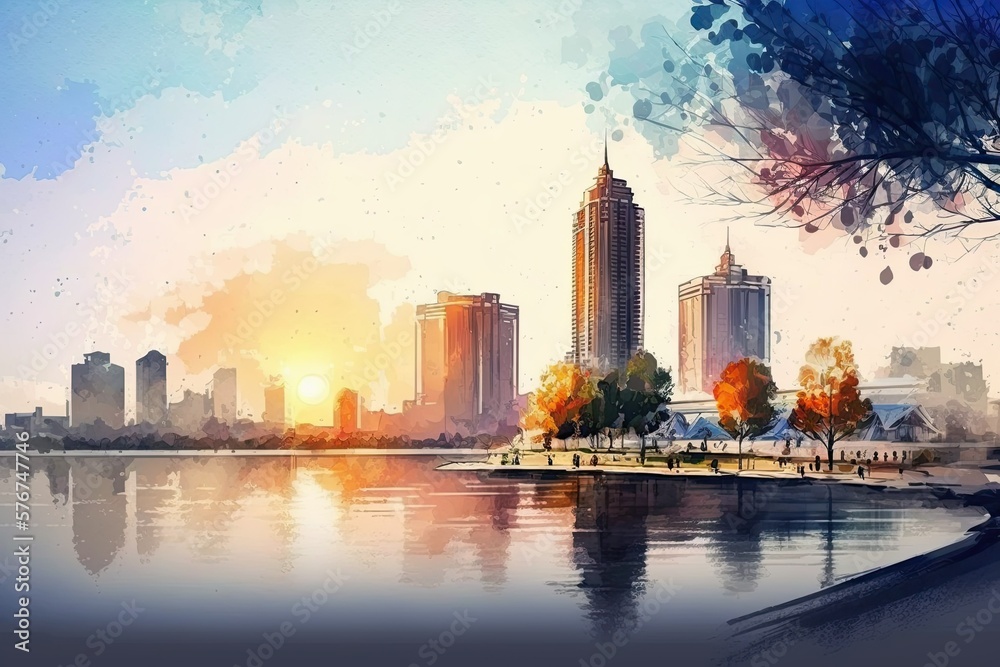 Tianjin, China, cityscape along the Haihe River shoreline at sunset, depicted as a digital sketch pa