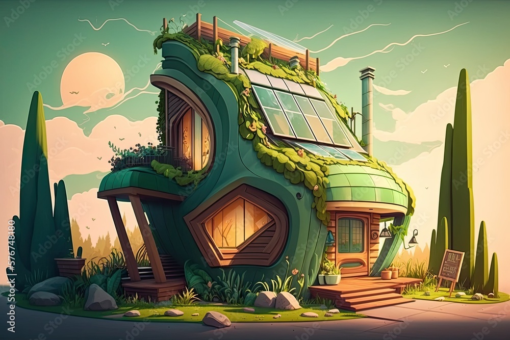 Solar powered home with outdoor space and green roof. Generative AI