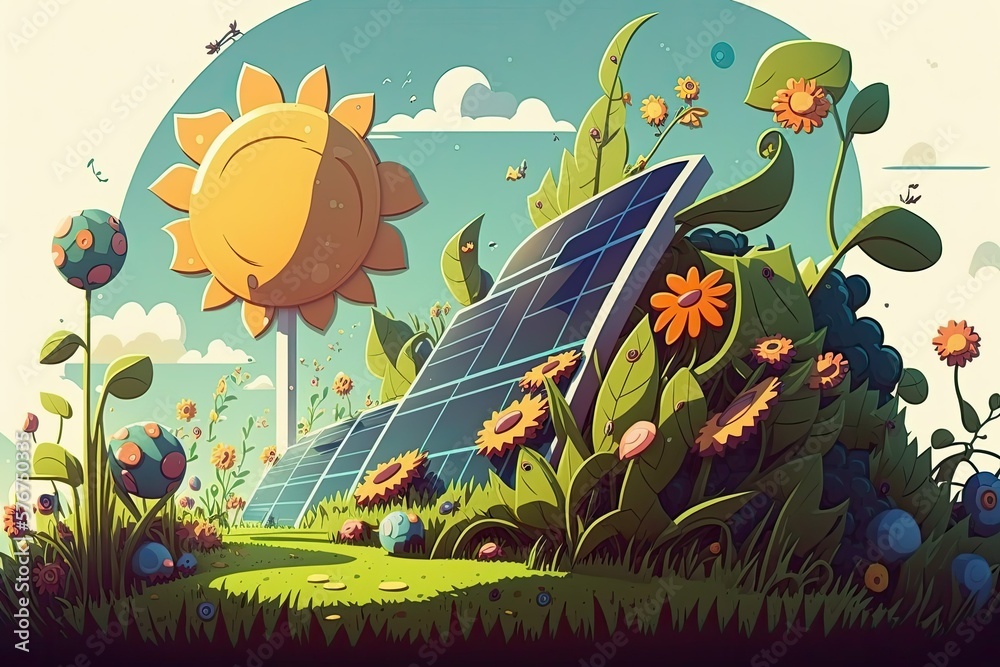 Springtime Solar Power Plant Nature. Generative AI