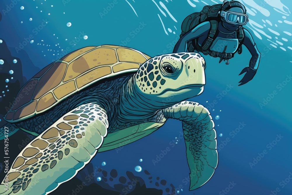 The diver was swimming alongside a sea turtle. Snub nosed turtle in the deep blue sea staring intent