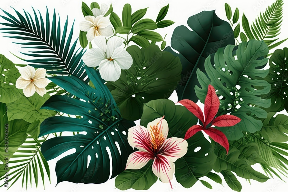 Seamless pattern of plumeria flowers, fern fronds, hibiscus, and other tropical plants on a white ba