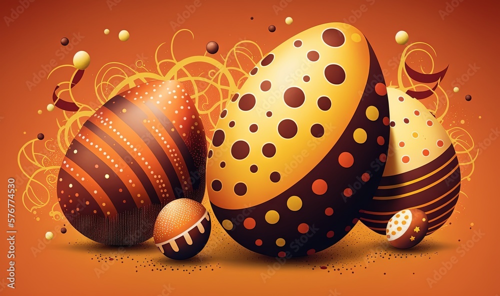  a group of decorated easter eggs on an orange background with bubbles and swirls around them, with 