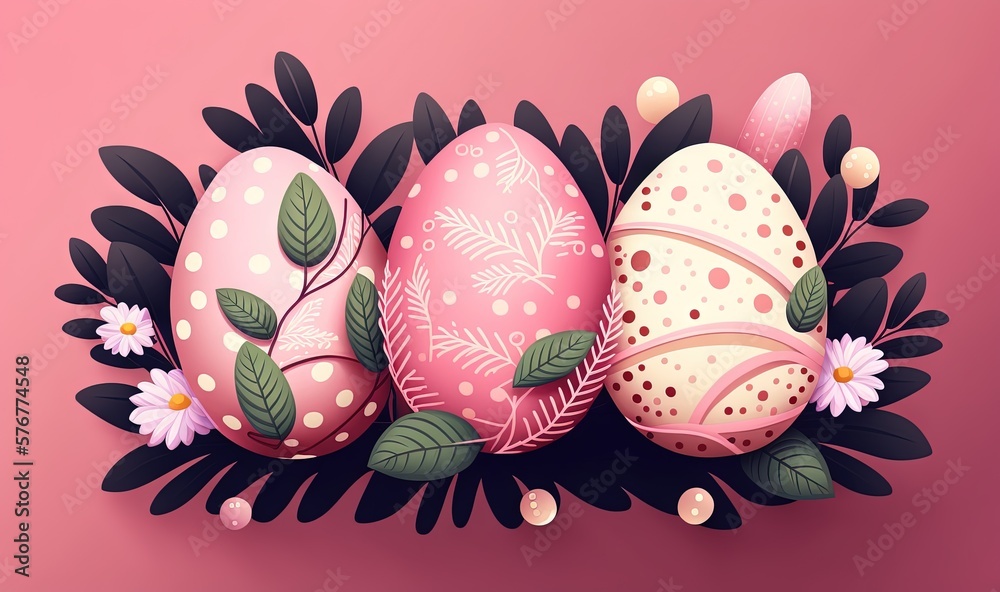  a pink background with three decorated eggs and flowers on the bottom of it, and a pink background 