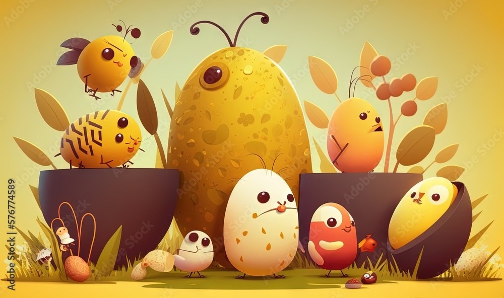  a group of eggs sitting in a group on top of each other in front of a yellow background with plants