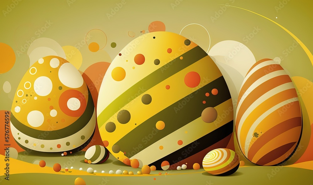  a group of colorful eggs sitting on top of a green surface with circles and dots on its surface, w