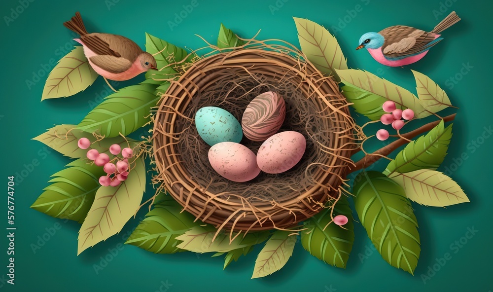  a bird nest with three eggs and two birds on a branch with leaves and berries on a green background