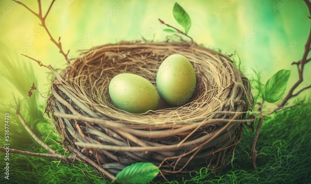  a painting of two eggs in a birds nest on a green grass covered field with a leafy branch and a gr