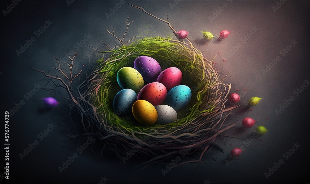  a bird nest filled with colored eggs on top of a green grass covered field with small birds flying 