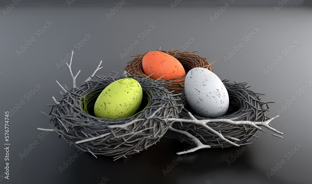  three eggs in a nest on a black surface with a twig on the side of the nest and a twig on the other