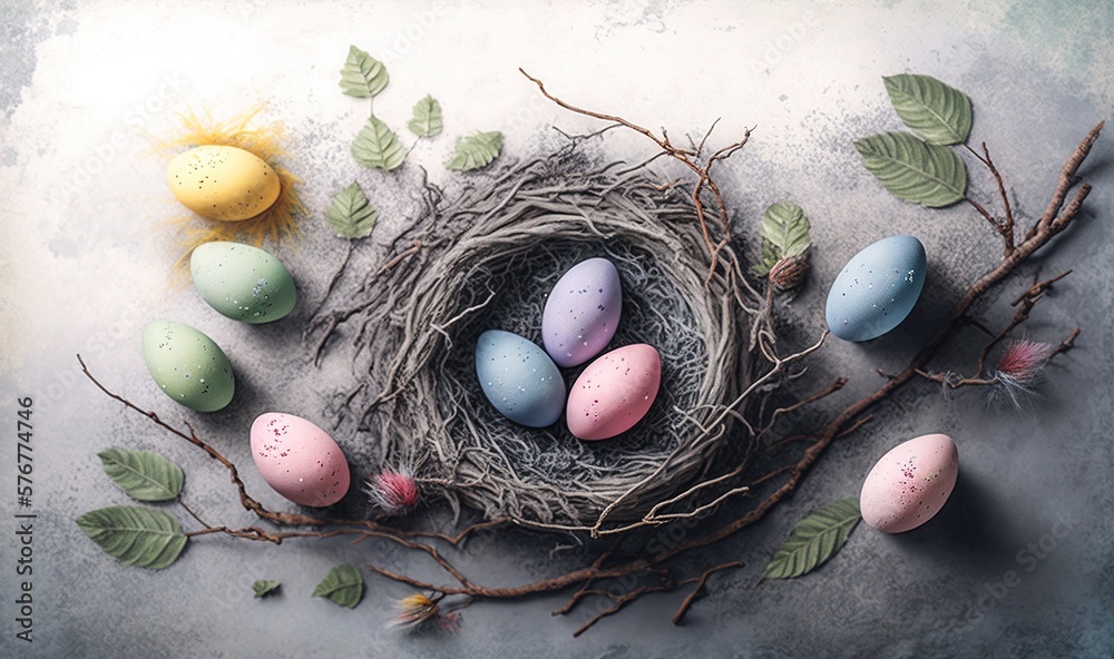  a bird nest with eggs and leaves on a gray background with a yellow birds nest on top of the nest 