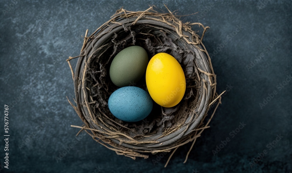  three eggs in a nest on a dark background, top view, copy - up, copy - up, copy - up, copy - up, co