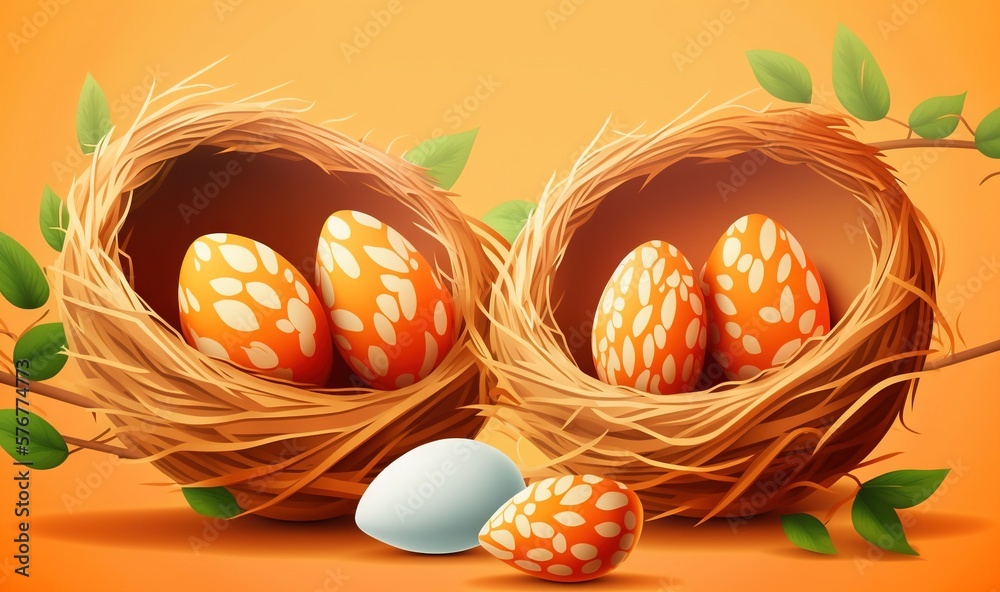  three eggs in a nest on a branch with leaves and leaves around them on an orange background with a 