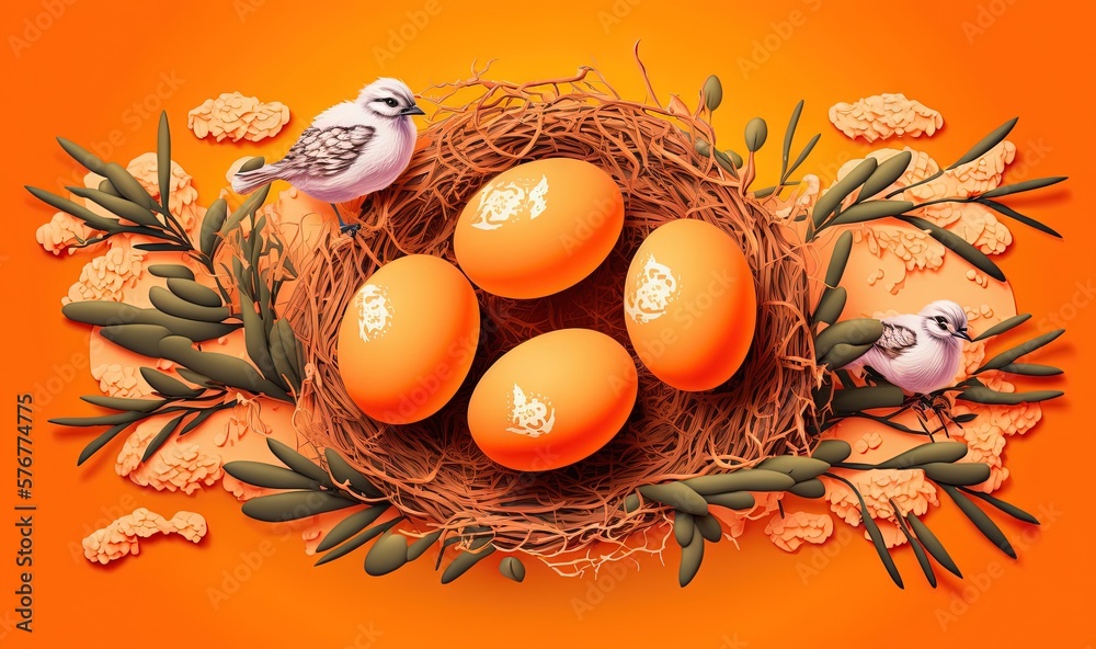  a nest of eggs with birds on top of it on an orange background with leaves and flowers on the botto