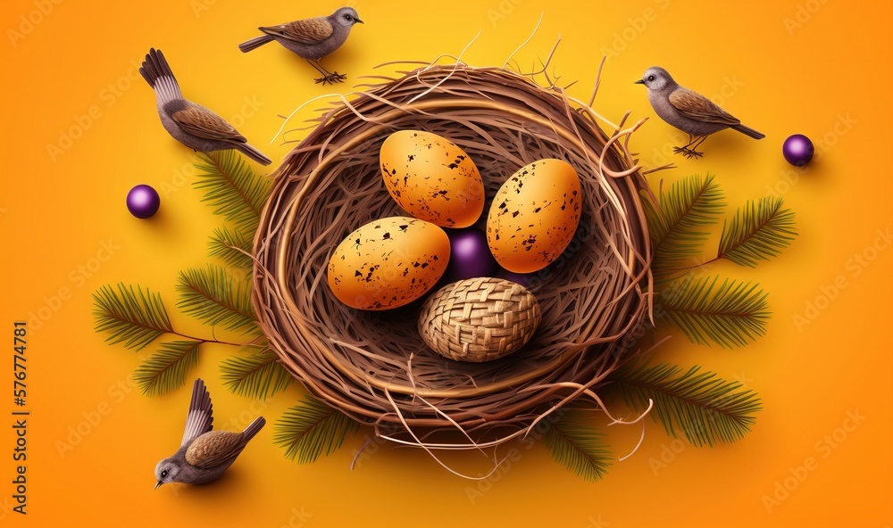  a bird nest filled with eggs and birds on top of a pine tree branch with purple and yellow eggs in 