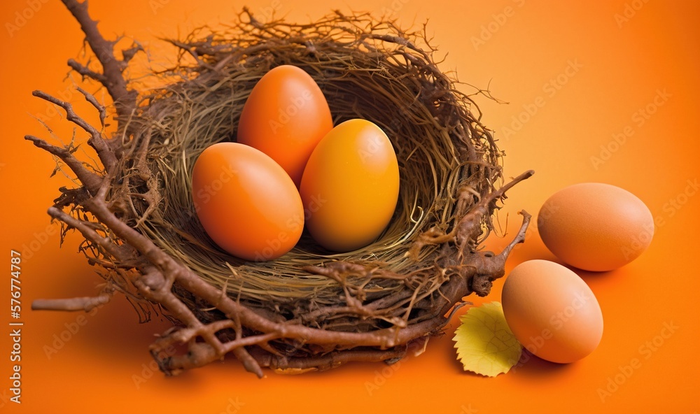  a nest with five eggs on an orange background next to a green leafy branch and a yellow egg on an o