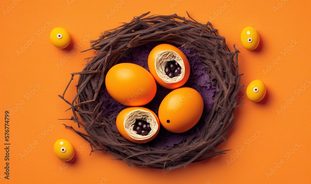  a nest of eggs on an orange background with eggs in the center of the nest and four eggs in the mid