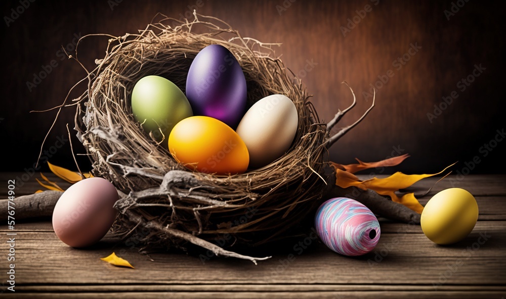  a bird nest filled with colored eggs on top of a wooden table next to a stick of wood and a yellow 