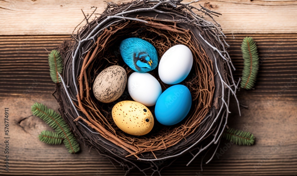  a birds nest with eggs and a blue birds nest on a wooden background with pine needles and a pine 