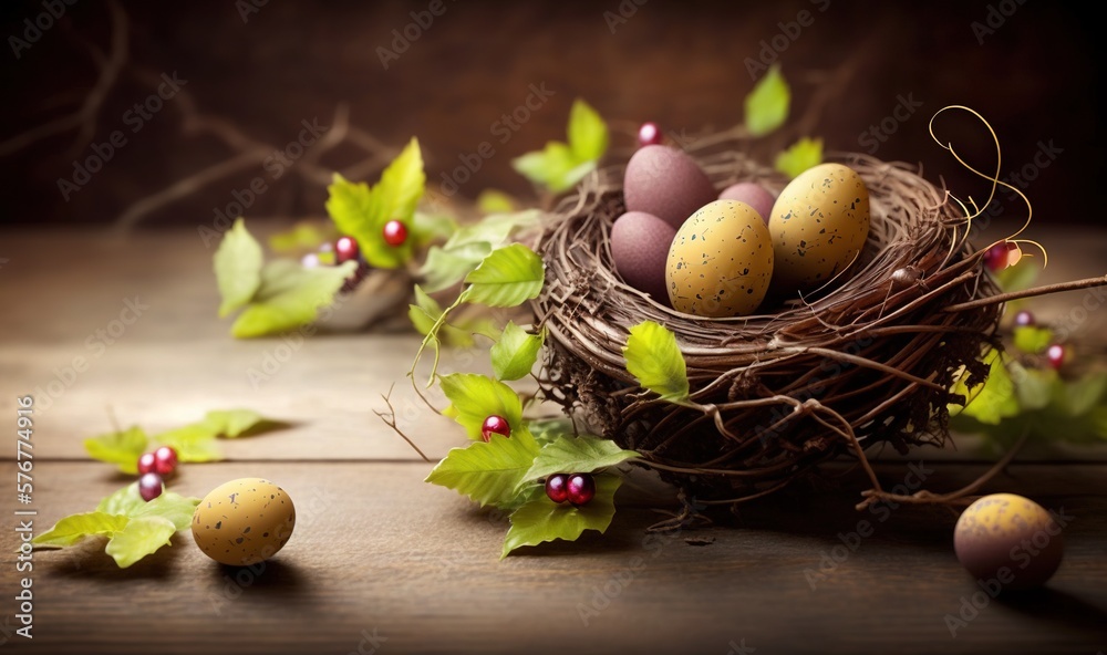  a bird nest with three eggs in it on a wooden table with leaves and berries on the side of the nest