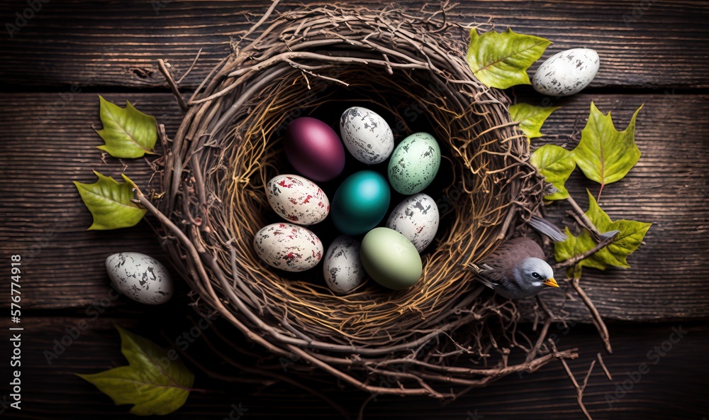  a bird nest filled with colorful eggs on top of a wooden table next to leaves and a birds nest wit