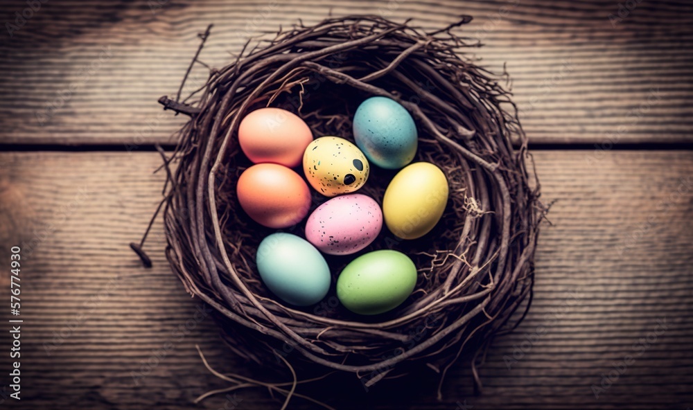  a bird nest filled with colored eggs on top of a wooden table with a birds eye painted on its sid